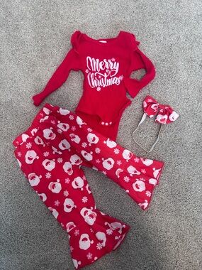 Red "Merry Christmas" Baby Bodysuit with Santa Print Flared Pants & Bow